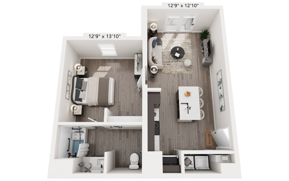 1 Bedroom - 1 bedroom floorplan layout with 1 bathroom and 624 - 758 square feet (624 sq. ft. (Accessible Unit), 3D)
