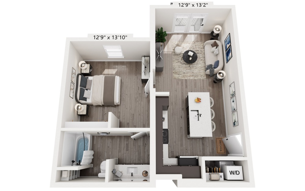 1 Bedroom - 1 bedroom floorplan layout with 1 bathroom and 624 - 758 square feet (626 sq. ft., 3D)