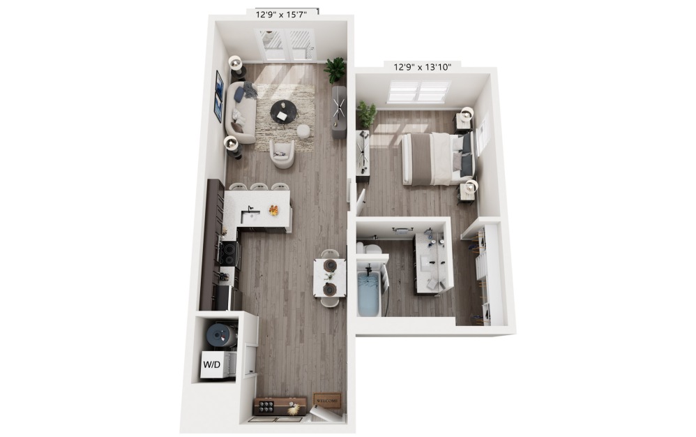 1 Bedroom - 1 bedroom floorplan layout with 1 bathroom and 624 - 758 square feet (758 sq. ft., 3D)