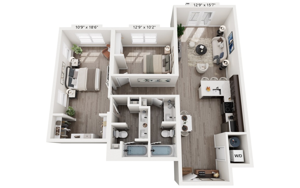 2 Bedrooms - 2 bedroom floorplan layout with 2 bathrooms and 973 - 1081 square feet (1081 sq. ft., 3D)
