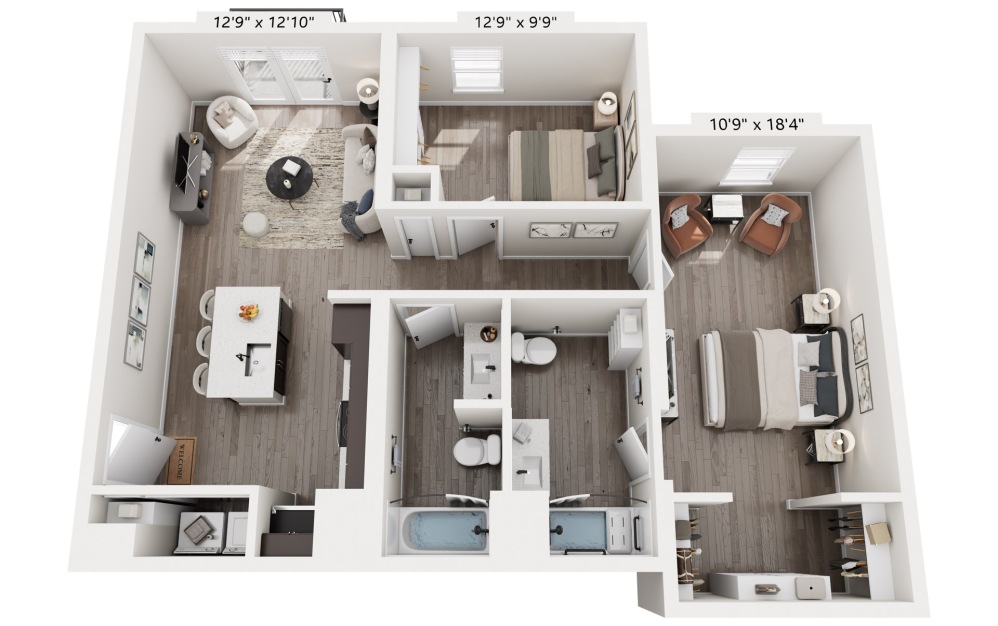 2 Bedrooms - 2 bedroom floorplan layout with 2 bathrooms and 973 - 1081 square feet (973 sq. ft. (Accessible Unit), 3D)