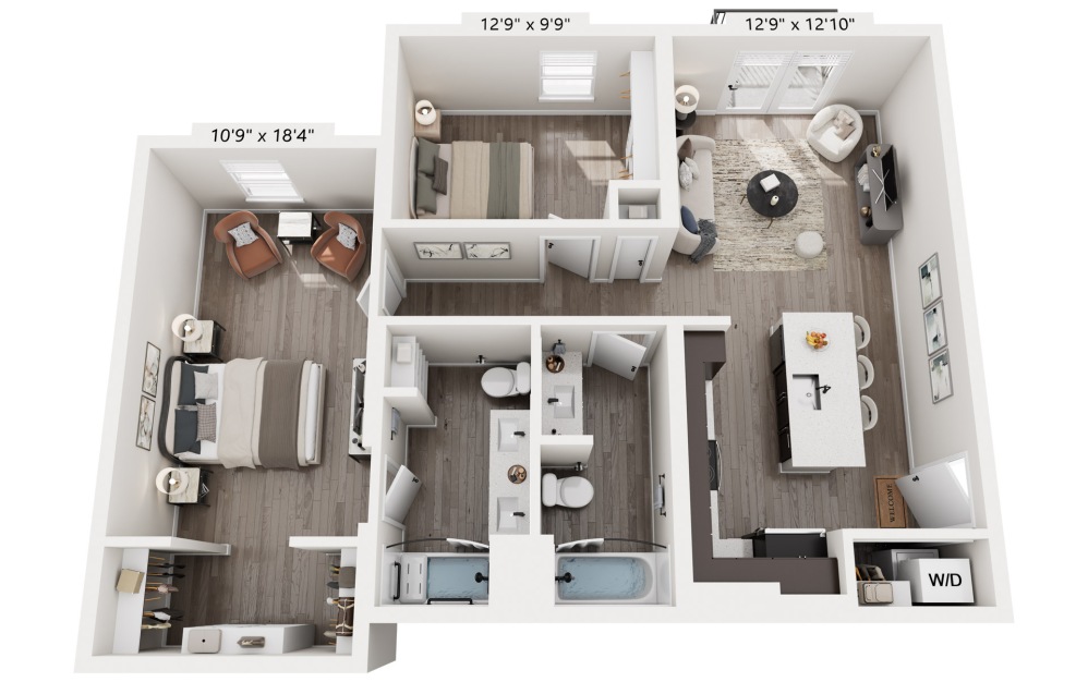 2 Bedrooms - 2 bedroom floorplan layout with 2 bathrooms and 973 - 1081 square feet (979 sq. ft., 3D)
