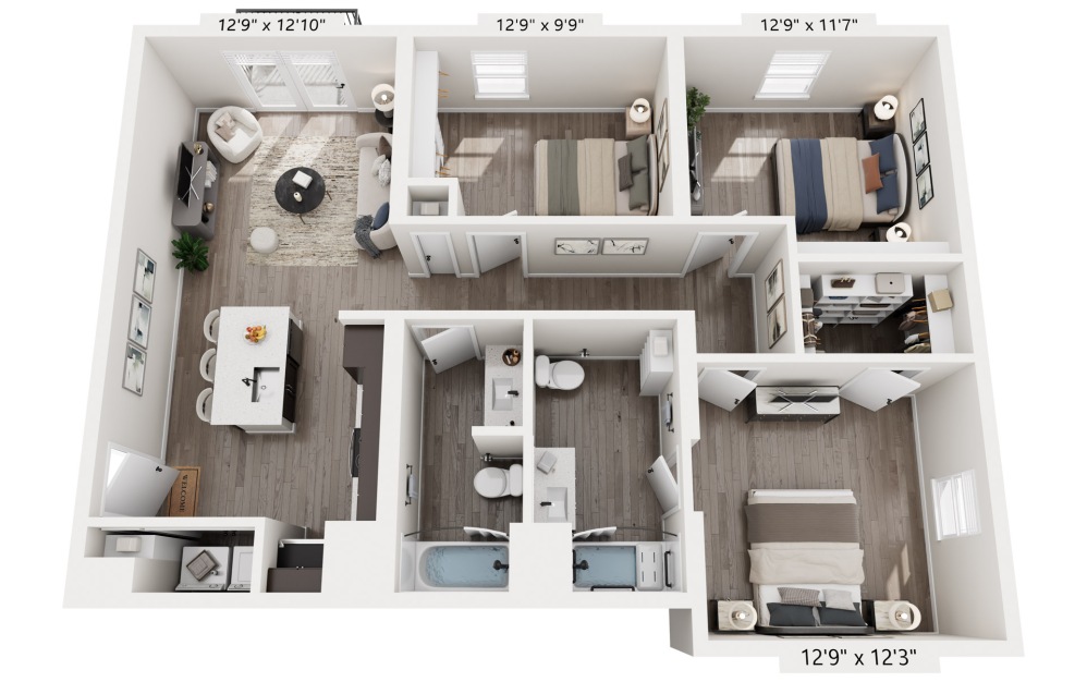 3 Bedrooms - 3 bedroom floorplan layout with 2 bathrooms and 1105 - 1109 square feet (1105 sq. ft. (Accessible Unit), 3D)