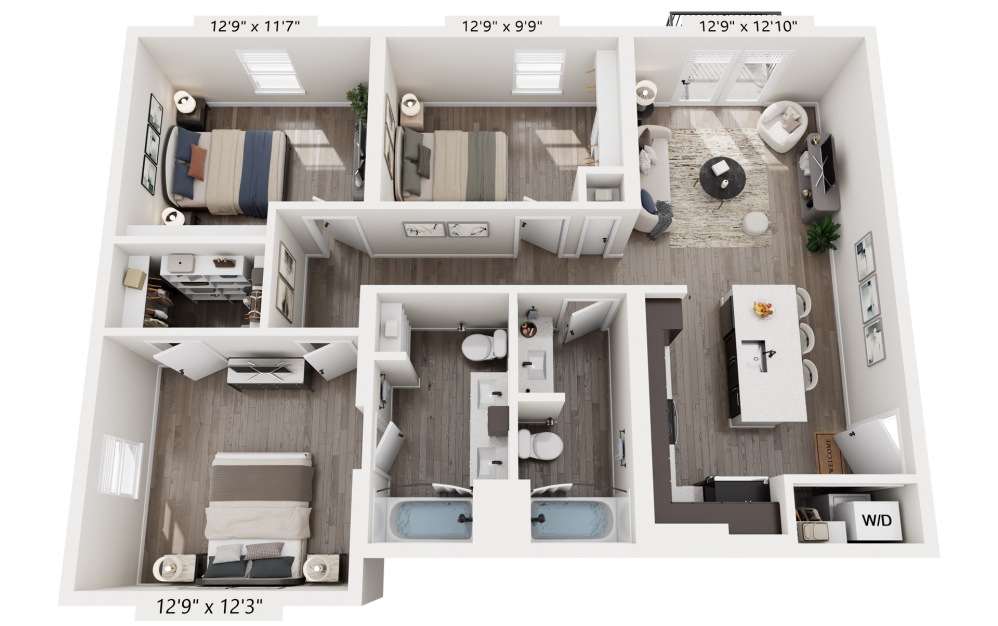 3 Bedrooms - 3 bedroom floorplan layout with 2 bathrooms and 1105 - 1109 square feet (1109 sq. ft., 3D)