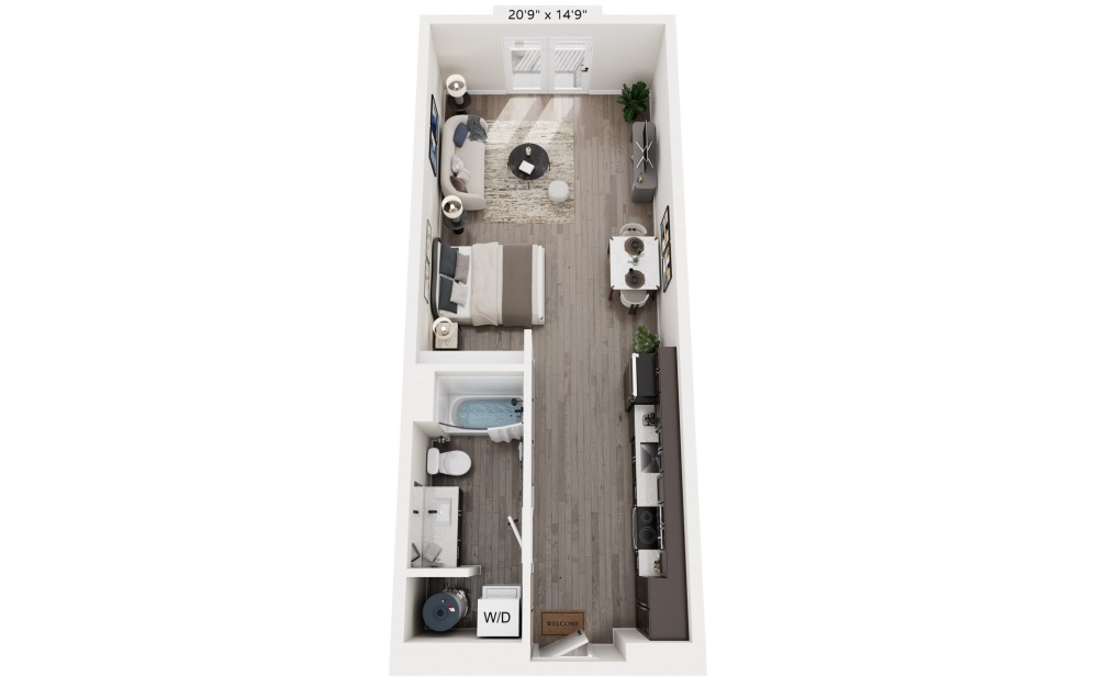 Studio - Studio floorplan layout with 1 bathroom and 568 square feet (3D)