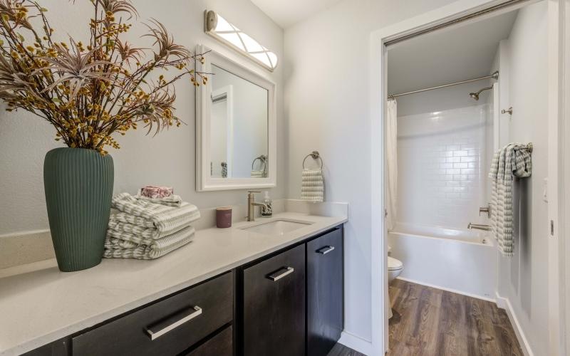 a bathroom with a vase and a plant on the counter