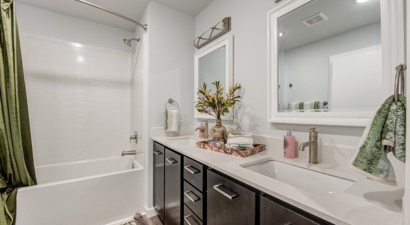 a bathroom with a tub sink and a mirror